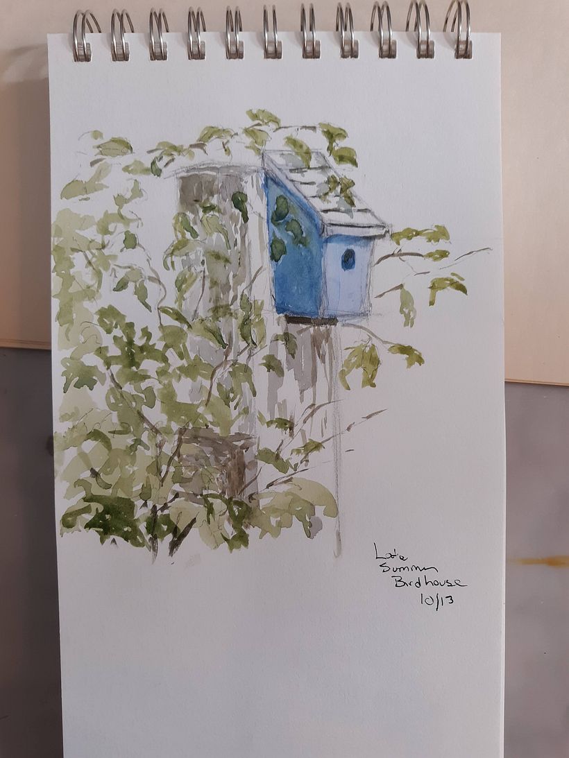 Birdhouse, graphite and watercolour in sketchbook