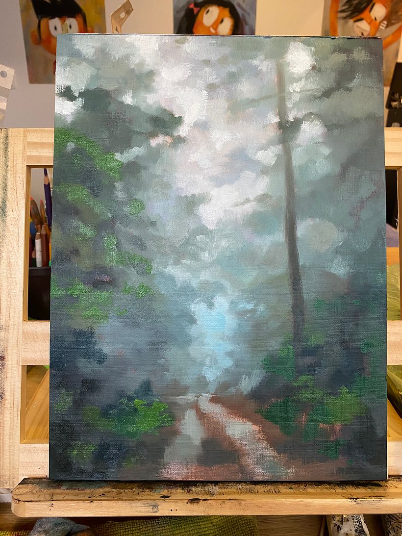 Sendero entre niebla y pinos, óleo - Ilustración tradicional