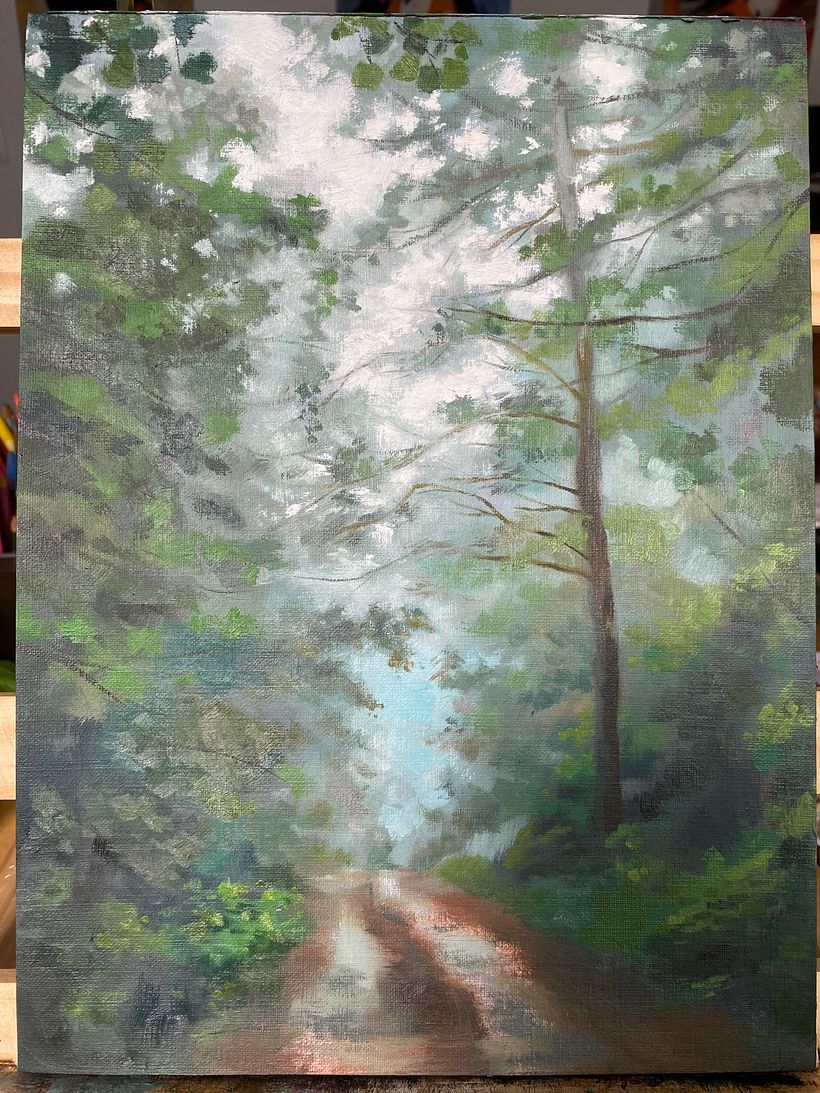 Sendero entre niebla y pinos, óleo - Ilustración tradicional