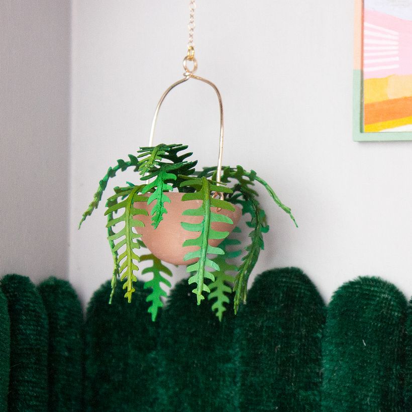 A closeup on the hanging boston fern plant.