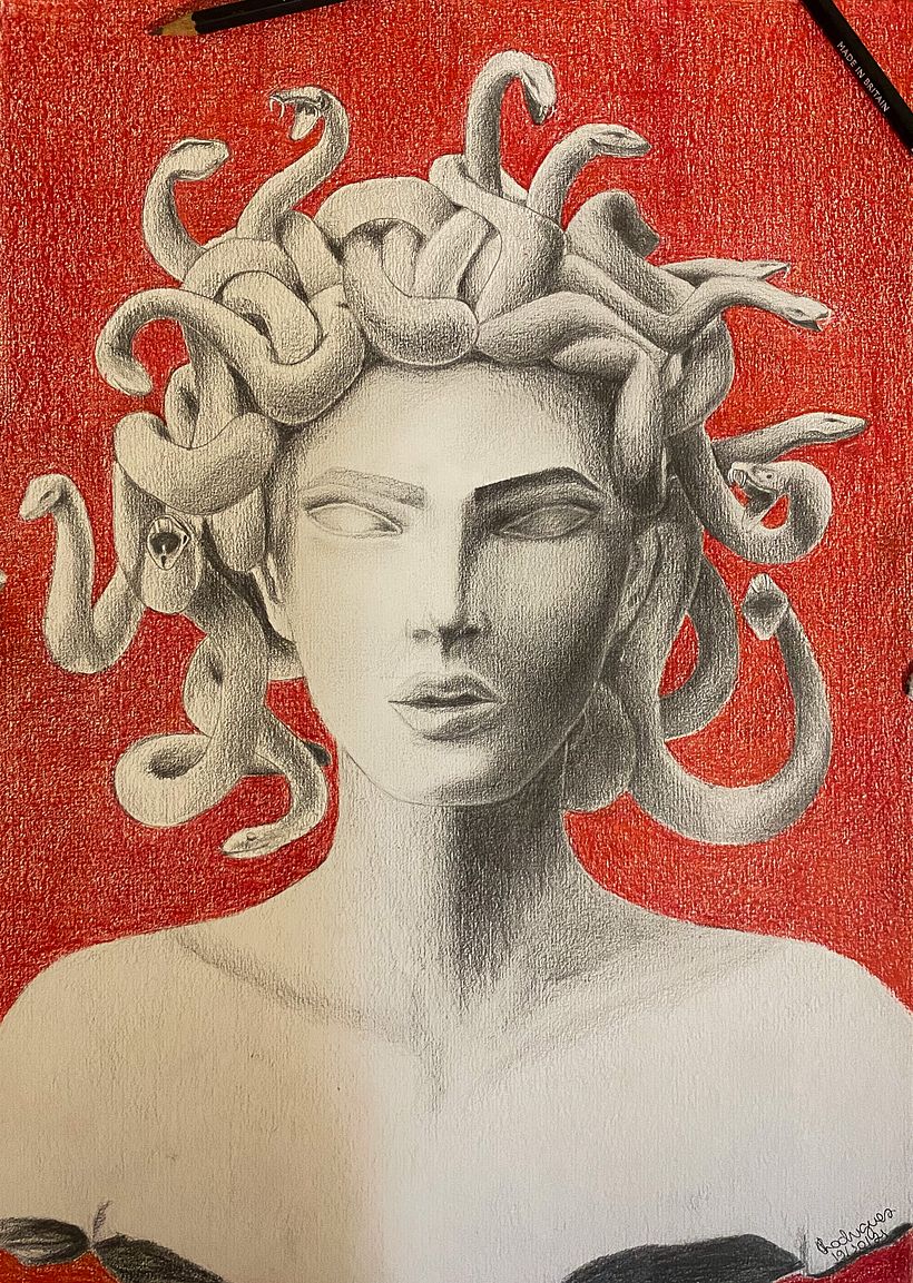Medusa (19/10/21) - grafite com fundo em lápis de cor 