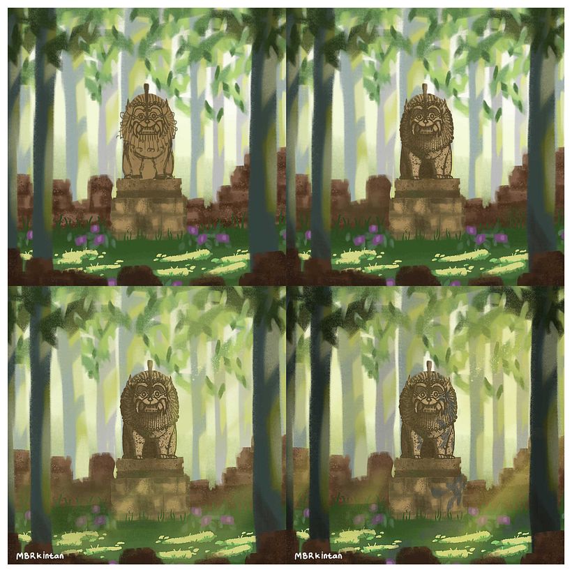 guardian lion statue in the middle of the forest 8