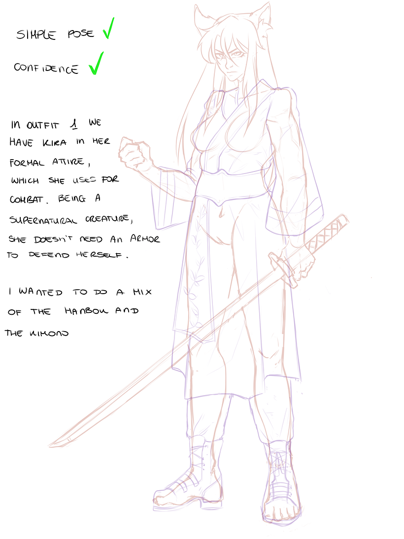 First sketch. Pose + clothes