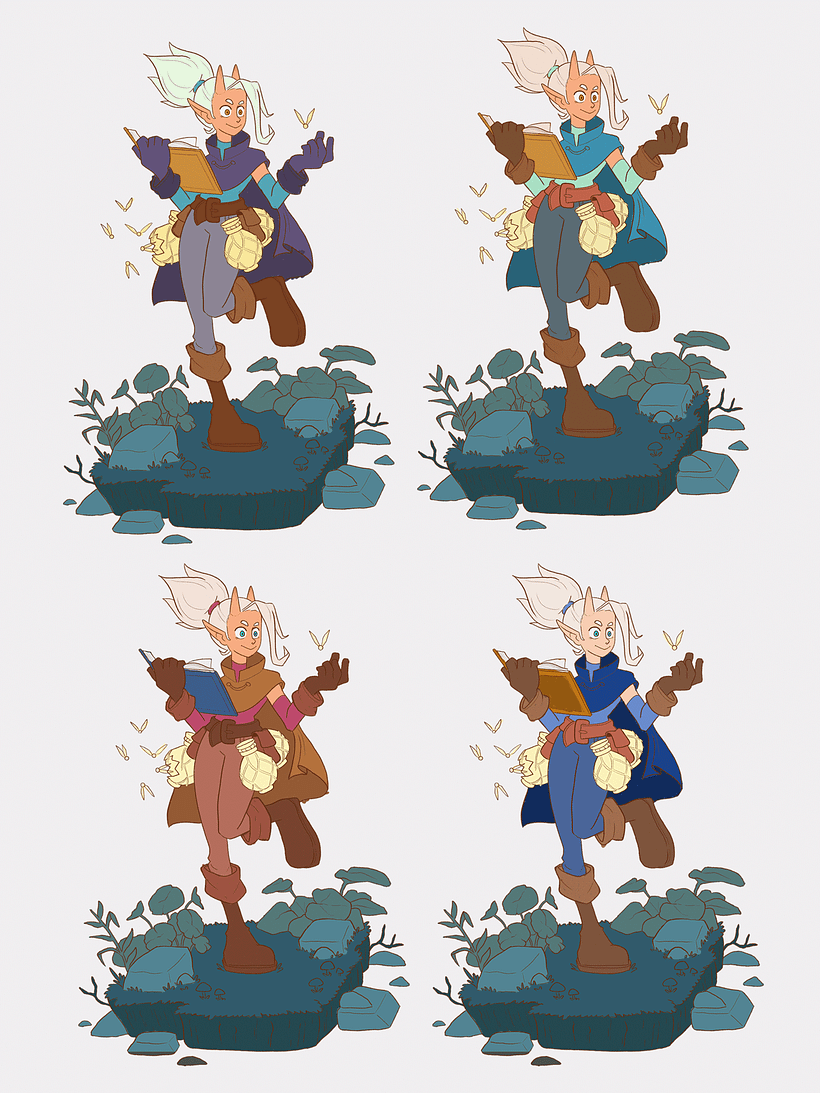 Siempre me gusta probar diferentes paletas de colores para ver cual representa mejor a mis personajes.