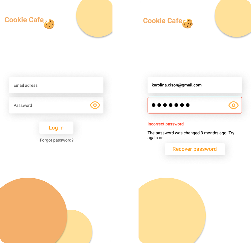 Log in frame and error frame for the CookieCafe app
