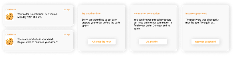 Some notifications and error messages for the CookieCafe app