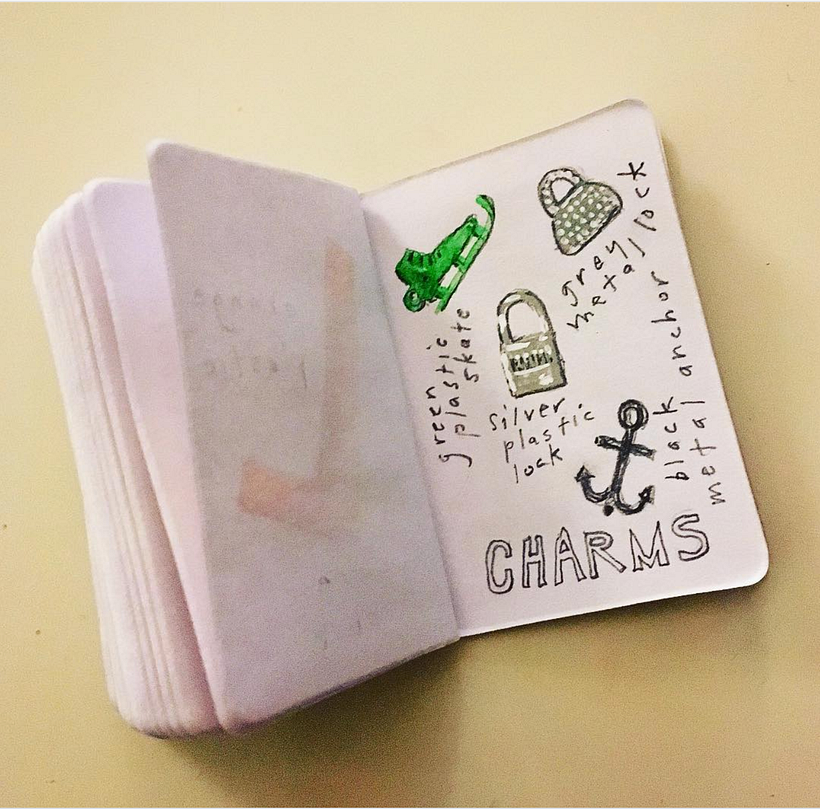 Assorted charms: green pllastic skate, silver plastic lock, black metal anchor, grey metal lock