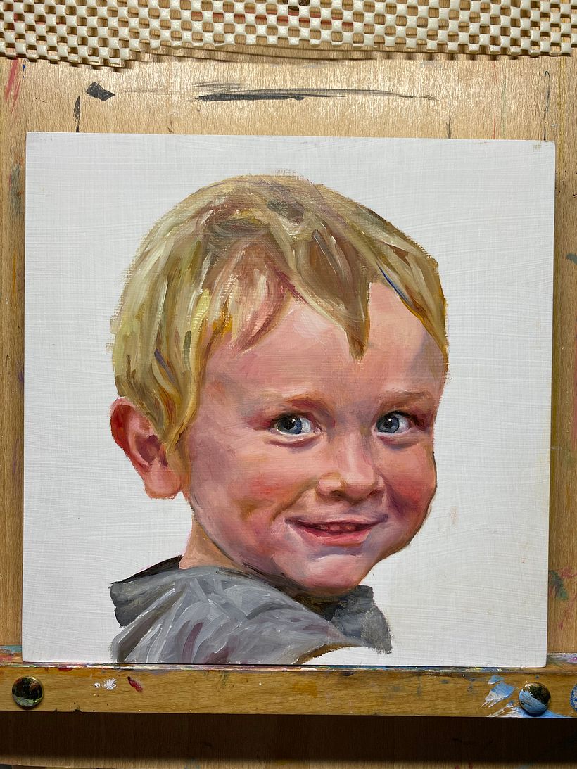 Portrait of a boy, water mixable oil on wood panel, 8x8” 8
