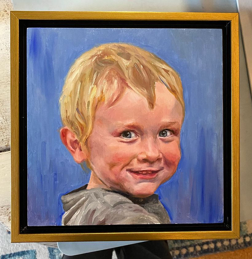 Portrait of a boy, water mixable oil on wood panel, 8x8” 9