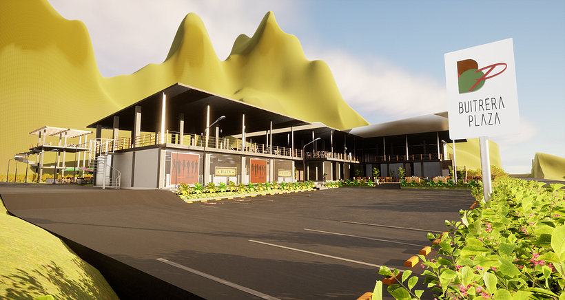 proyecto de un centro comercial, parqueadero dos plazas de comida 7 locales 3 restaurantes 1 minimarket