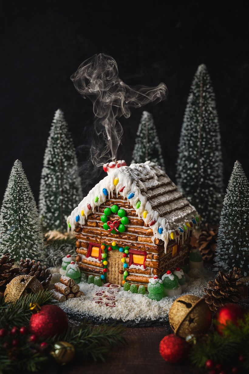 Log cabin inspired gingerbread house shot beside a large south facing window on a cloudy day.