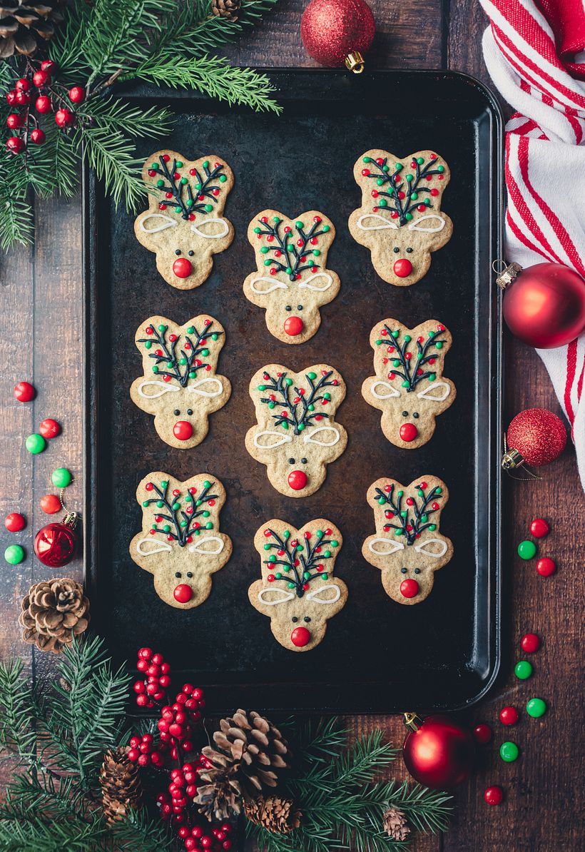 Reindeer cookies shot beside a south facing window on an overcast day.