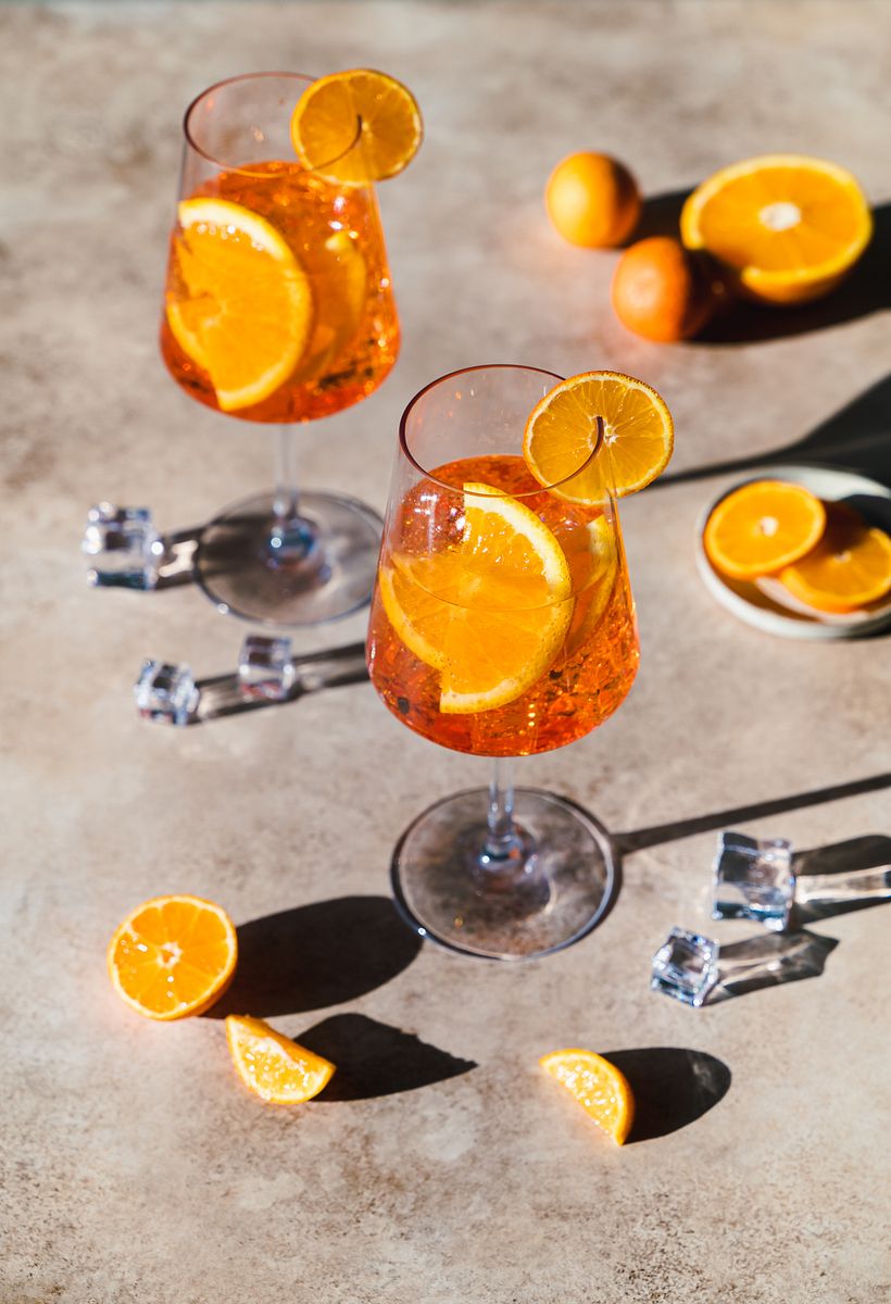 Aperol spritz shot in same set up as the champagne.