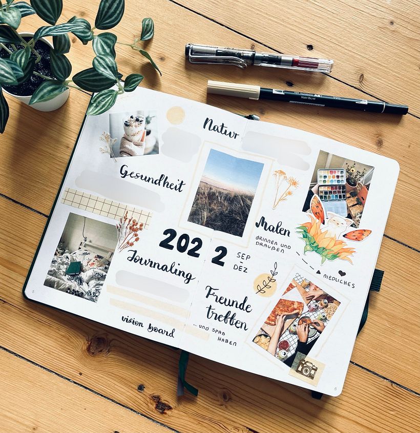 Vision board which reads: Nature, Health, Art, Journaling and Meeting Friends