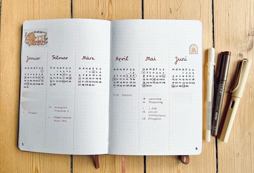 Future Log: one double spread contains 6 months with important dates