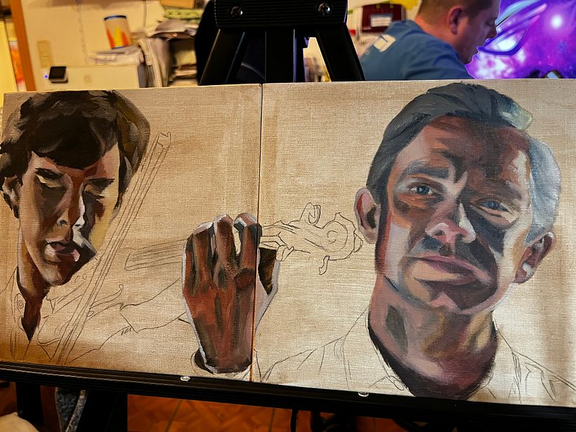 Holmes und Watson - Mein Abschlussprojekt für den Kurs: Porträtmalerei mit Öl: Erforsche Licht und Schatten 4