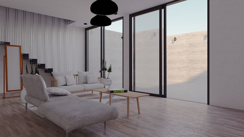 Render diurno de sala minimalista
