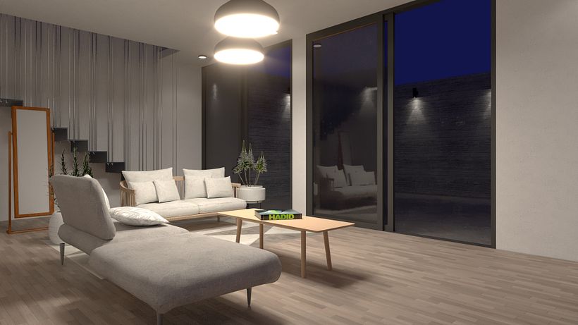 Render nocturno de Sala minimalista