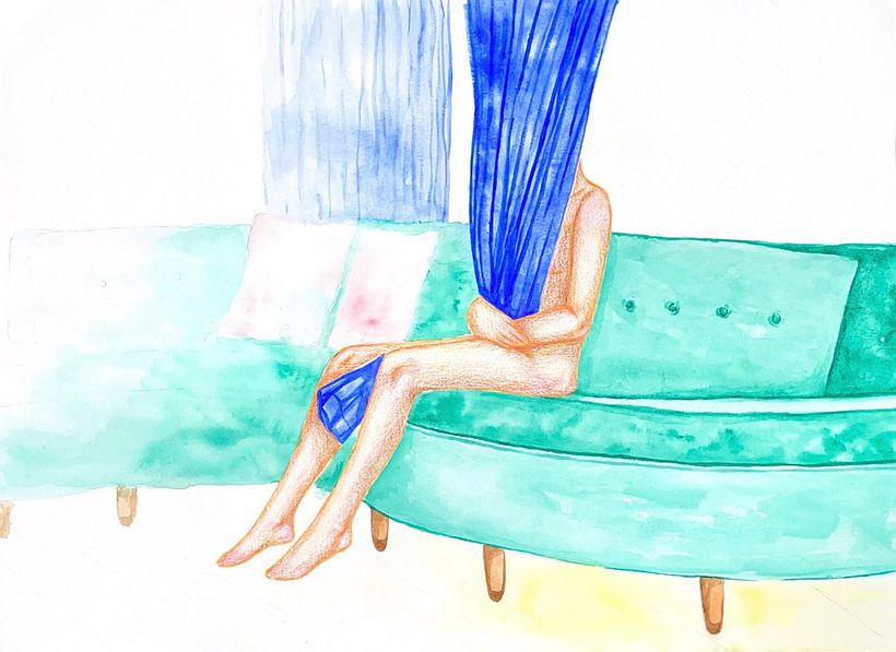 Aqui eu fiz a primeira ilustração, foi feita de forma física com aquarela no ambiente e o corpo em lápis de cor 