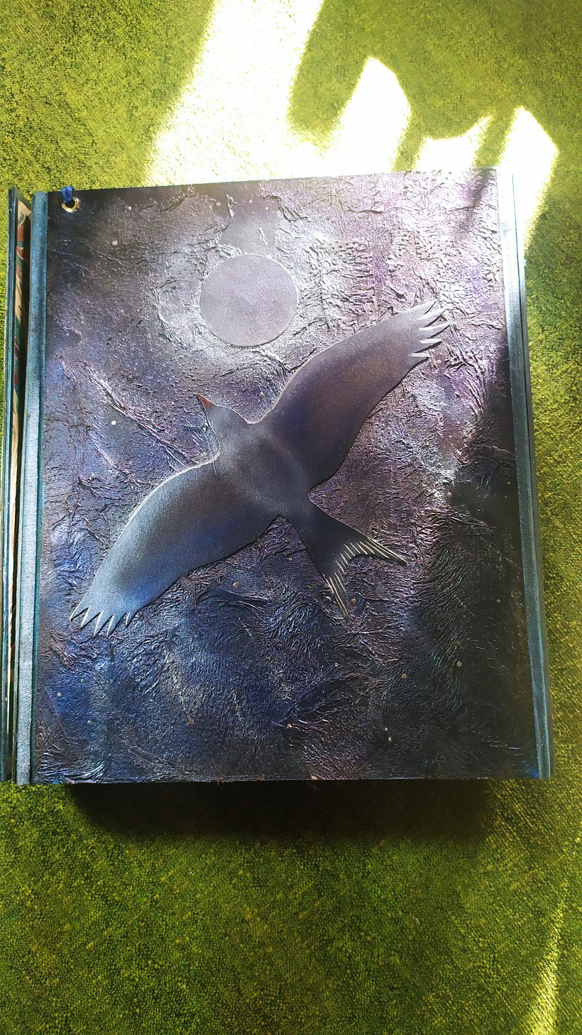 Libro objeto. Contraportada. Está pintado con pintura *camaleón* que cambia de color según incida la luz.