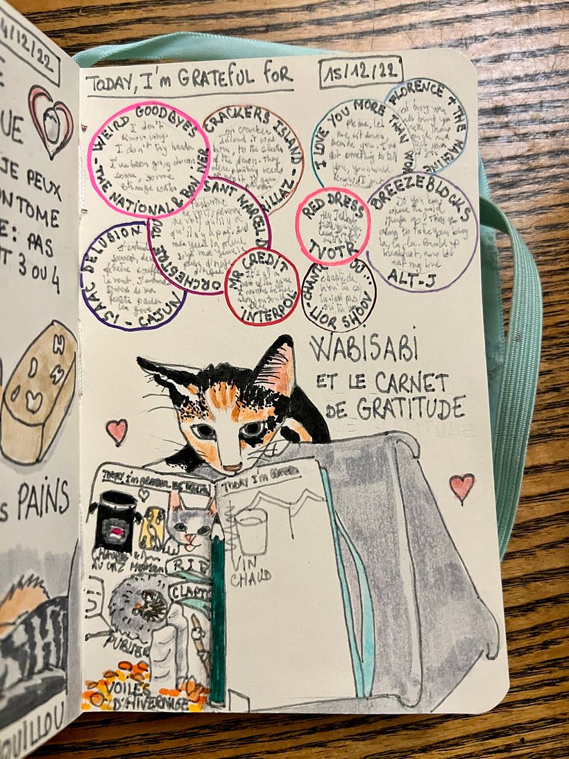 On that day, I listened to a very nice playlist, and our tiny kitten Wabisabi checked out my sketchbook
