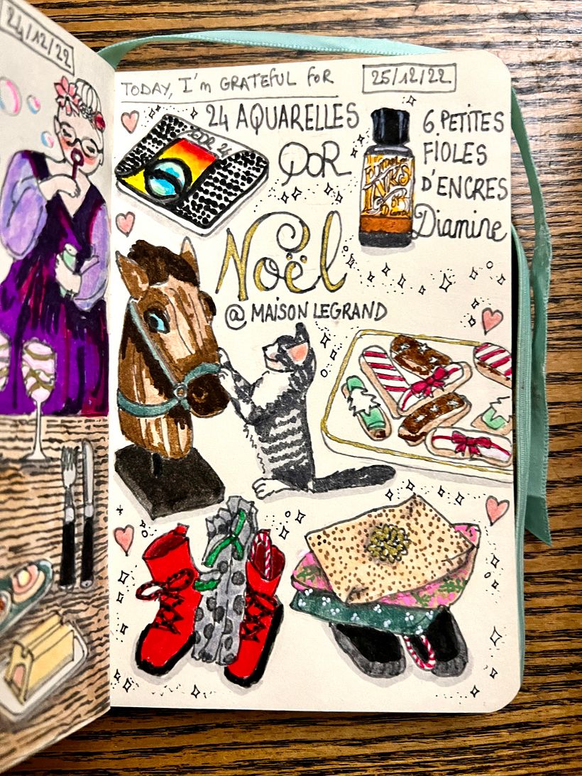 Christmas at Maison Legrand ! I got QoR watercolors and Diamine inks, then we had a delicious dinner with the kittens