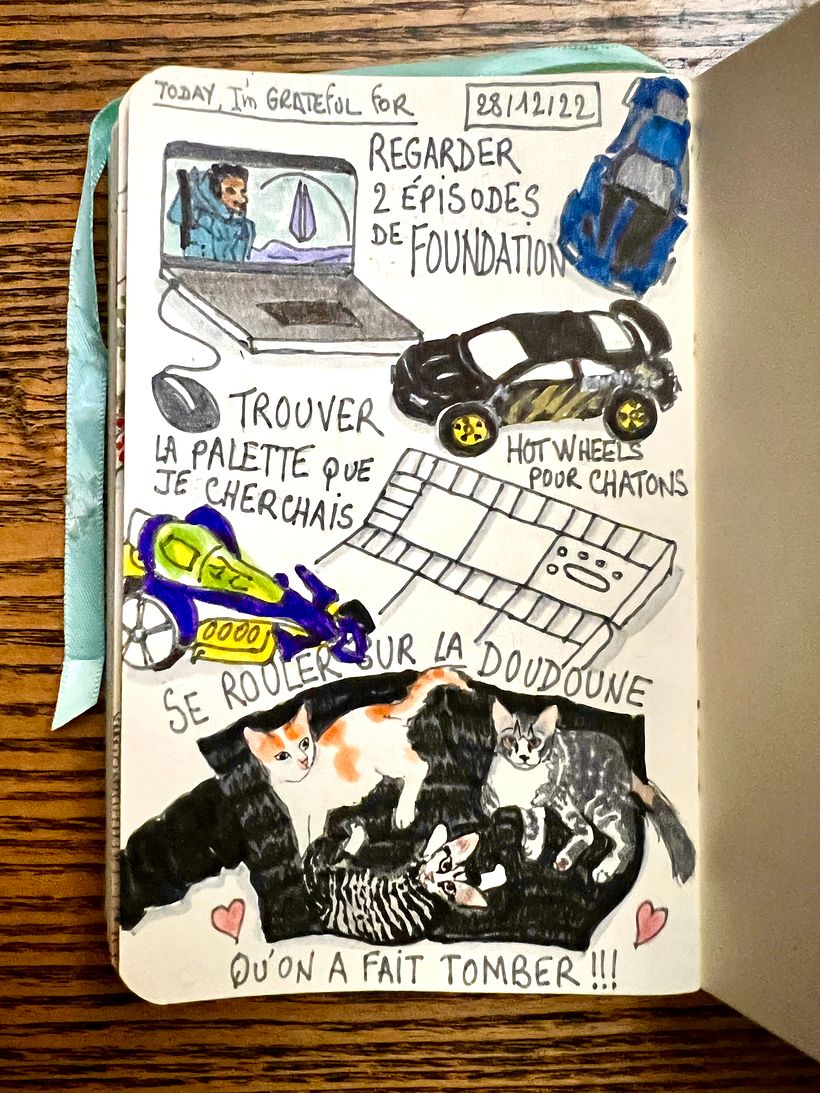 I gave the kittens little Hot Wheels cars to play, found a new palette for a project and watched some Foundation