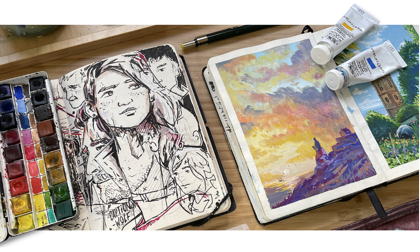 Gouache can flow like watercolour but can be layered opaquely like Acrylic