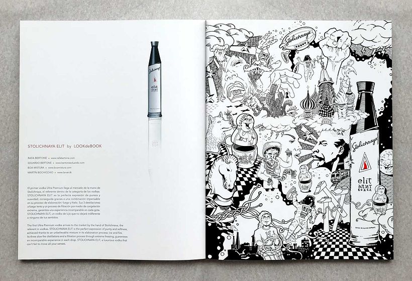 STOLICHNAYA RUSSIAN VODKA ELIT Página para Stolichnaya Elit (Vodka Ruso), Publicación en revista de arte contemporáneo de madrid LOOKtheBOOK. Madrid. Editorial illustration for Stolichnaya Elit (Russian Vodka), Publication in a contemporary art magazine i 2