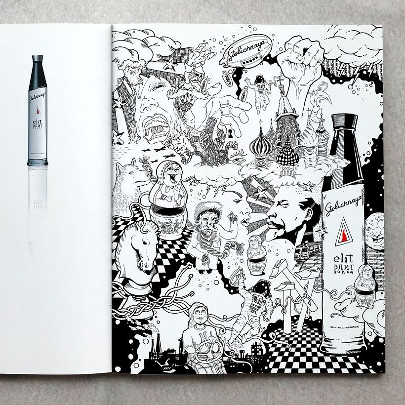 STOLICHNAYA RUSSIAN VODKA ELIT Página para Stolichnaya Elit (Vodka Ruso), Publicación en revista de arte contemporáneo de madrid LOOKtheBOOK. Madrid. Editorial illustration for Stolichnaya Elit (Russian Vodka), Publication in a contemporary art magazine i 5