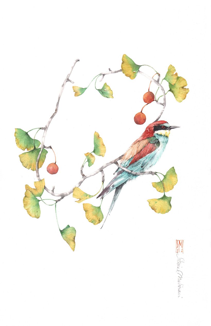 ZENTRUM 3_ gingko biloba e gruccione, acquerello su carta di cotone 39x26 cm