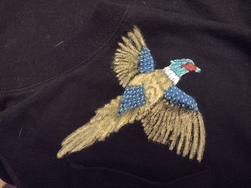 satin stitch on the eye patch, irregular straight stitch on neck, split stitch accents on head