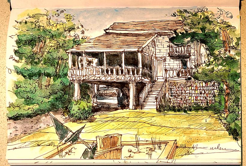 Started with simple beach house. Seems too line dominate, looked better as line drawing. less of a watercolor painting. 