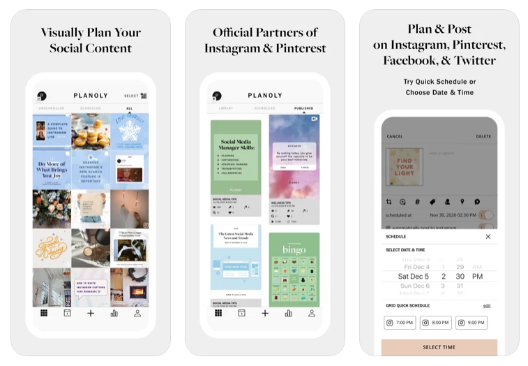 PLANOLY is an app to plan content on Instagram available on Apple and Android.