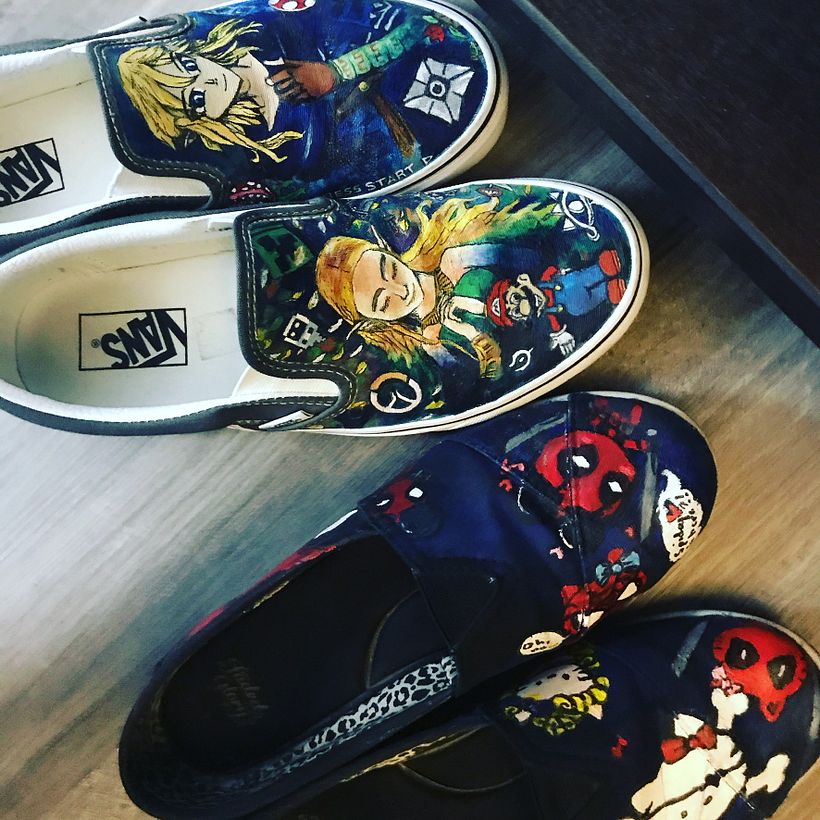 My husband’s and my shoes- I did Deadpool and Hello Kitty for mine, and Zelda and other video game themes for his.