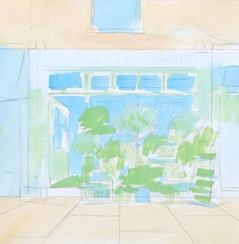 Background: Light washes with a large brush. Block in areas of colour for us to refine as we paint. 