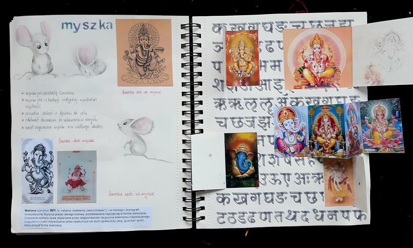 card three. On the left - research on Ganshi's companion mouse. On the right - I learned Devanagari script especially for thi