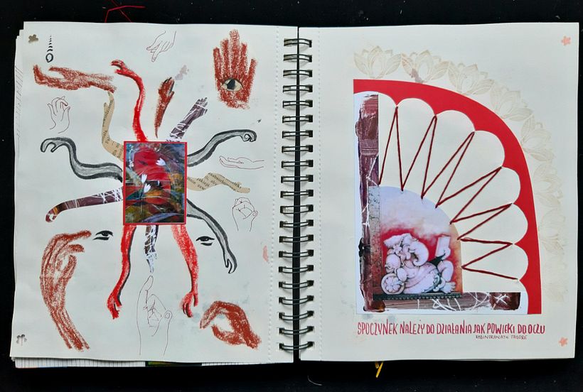 Fifth card - impression on many hands of Ganesha (left side), Ganesha resting - sewn with red thread (right side)