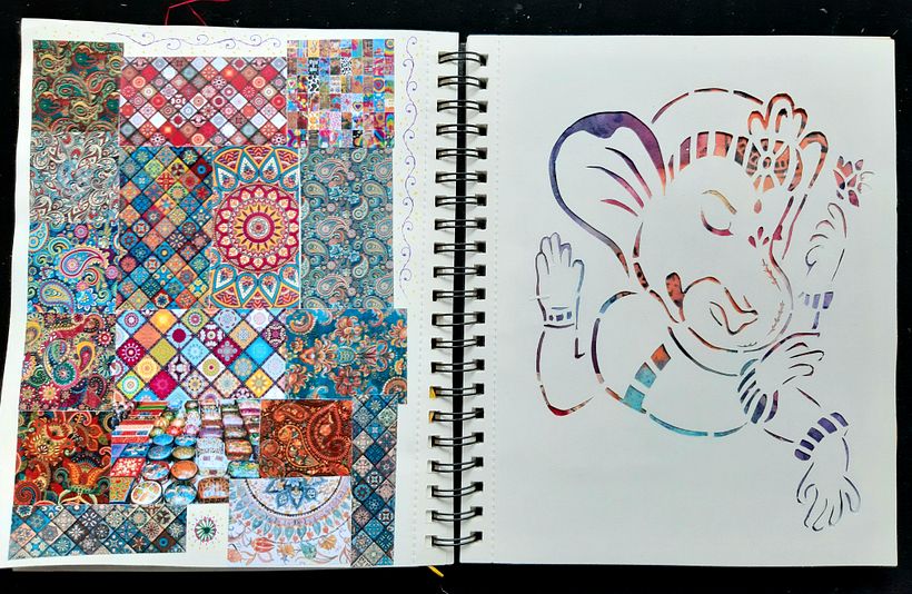 Card eleven - on the left - Indian patterns, on the right - Ganesha cut out in a sheet of sketchbook so that the colors from 