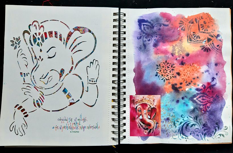 Card twelve - reverse of cards eleven, on the right - research on Indian patterns and colors (watercolor + stencil stamps)