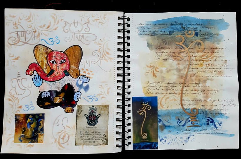 Card fifteen (not the last). On the left, a collage of monotype sheets, on the right - a poem by an Indian poet against the b