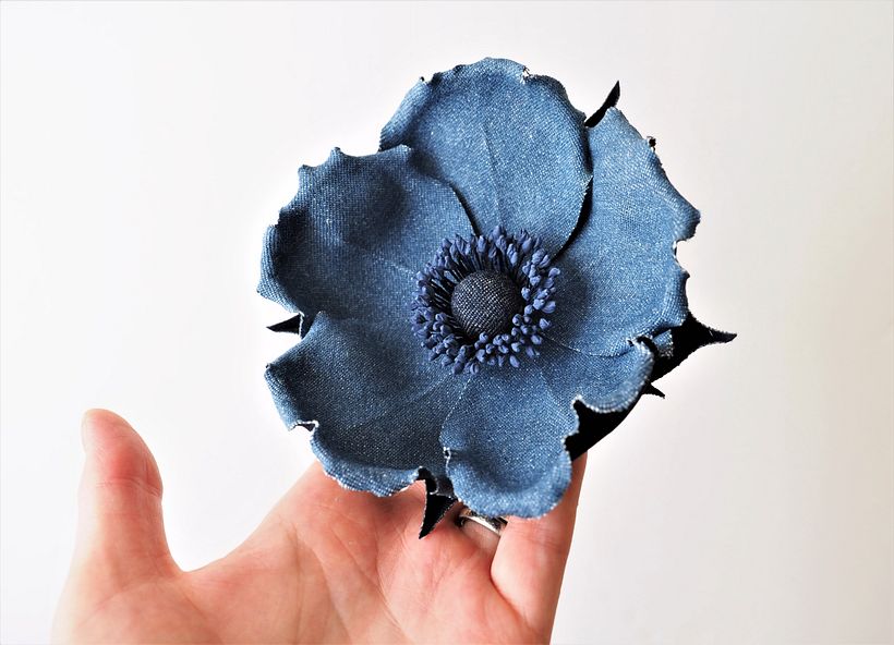 Open Wild Rose Brooch in denim