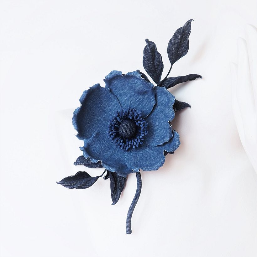 Open Wild Rose Brooch with Leaves in denim