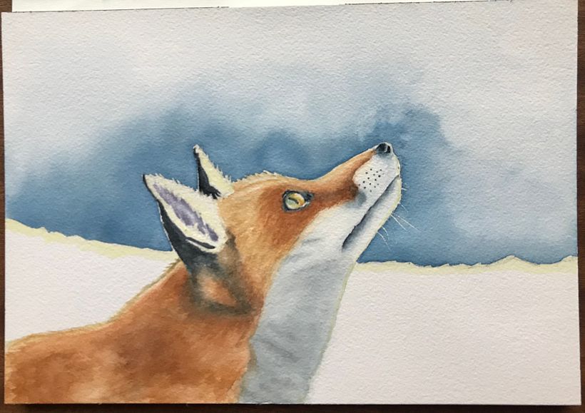 I mask out the fox’s silhouette and the horizon line before adding the blue background wash.