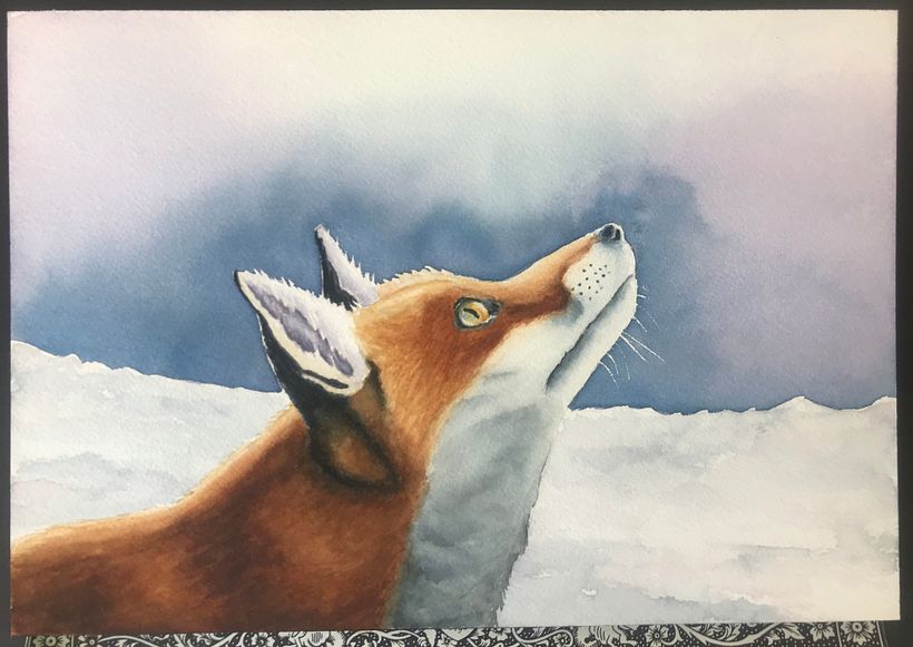 I add a purple glaze to the sky, remove the masking, work wet onto dry to finish the fox.