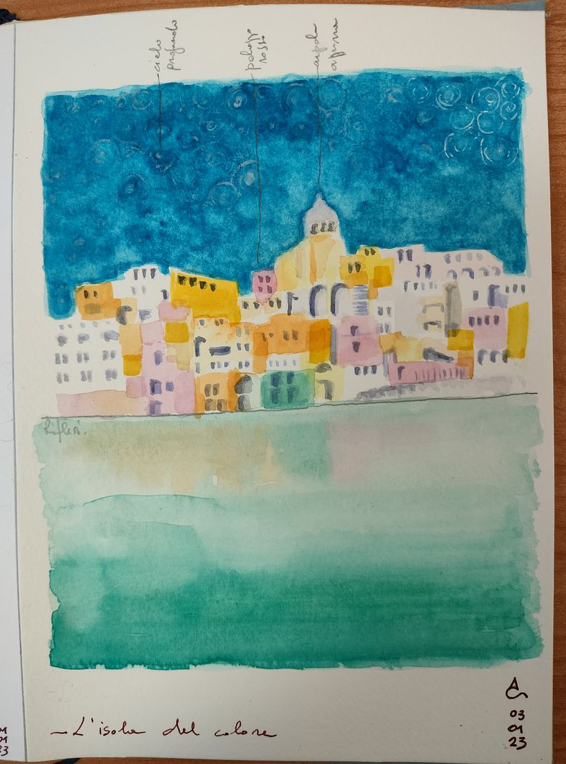 ll mio progetto del corso: Travel sketchbook con tecniche miste. Un progetto di Antonella Calligaris: Procida - l'isola della mia anima. 12