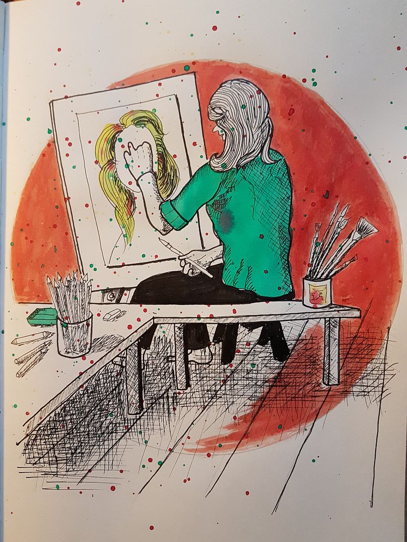 Mon projet du cours : Illustration composée de hachures et de taches de peinture 1