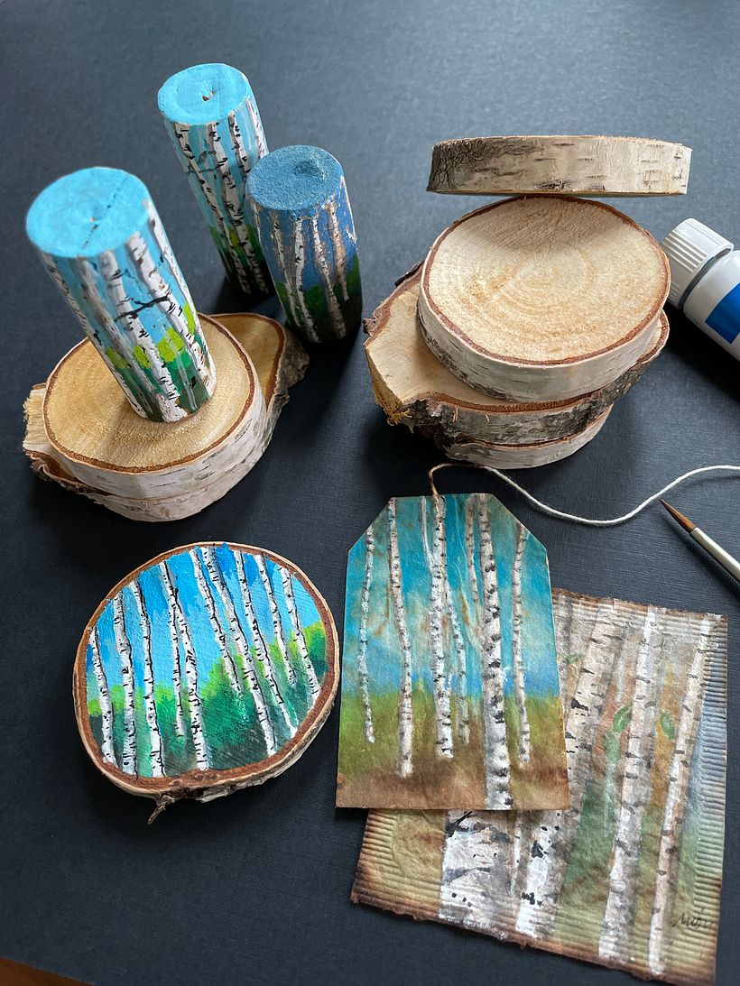 Acrylic gouache on birch chips, wine corks and used tea bags