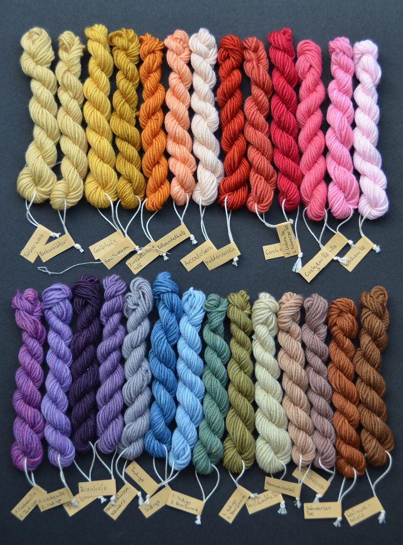 4-5 g skeins of dyed wool for weaving sampler
