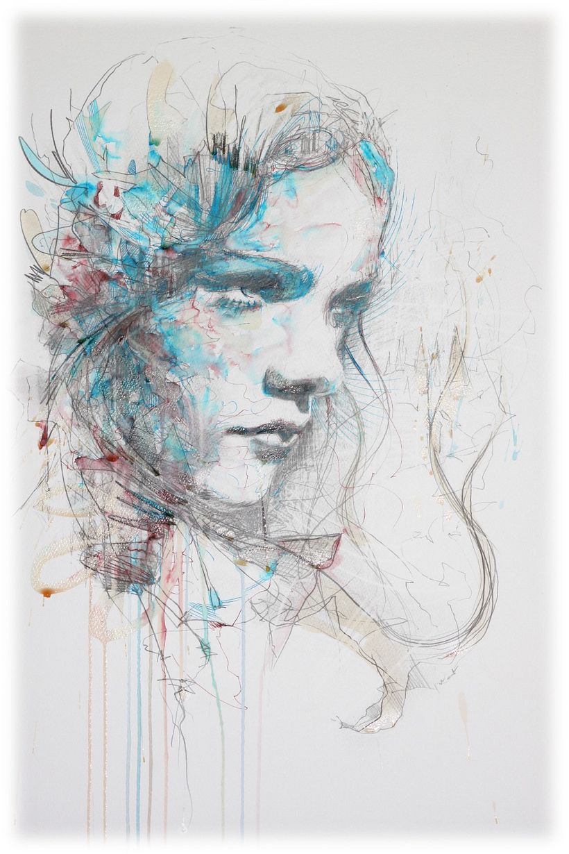 allowing inks to run and create patterns within the face.  Adding clear water in droplets to disperse